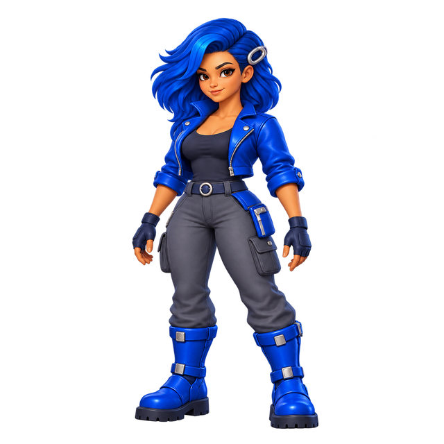 Loopa de cabello azul, de pie sobre su grilla, acompañando la edición de tu juego.