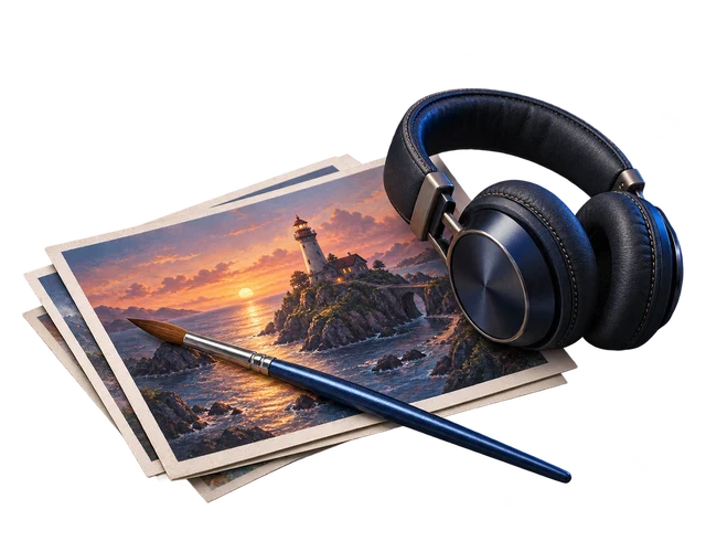 Referencias de arte de un faro con auriculares y un pincel azul metalizado.
