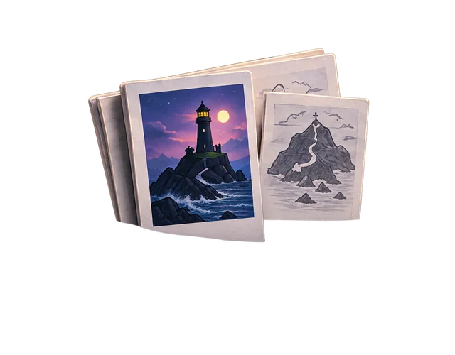 Entrega ilustrativa de Última luz: carpeta con cierre que reúne el diseño del faro y el mapa de la isla.