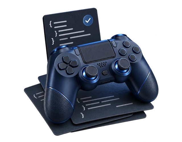 Control de videojuegos azul metalizado con tarjetas de código y pruebas.