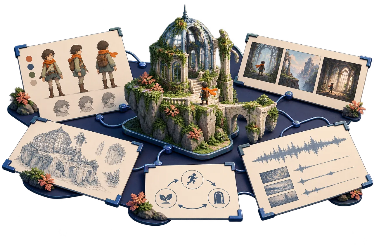 Ilustración de un GDD que conecta un personaje, escenas de historia, sonido, reglas y referencias de un videojuego de exploración.