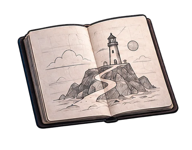 Ejemplo Última luz: cuaderno abierto con un boceto de la isla, el faro y un lápiz azul.