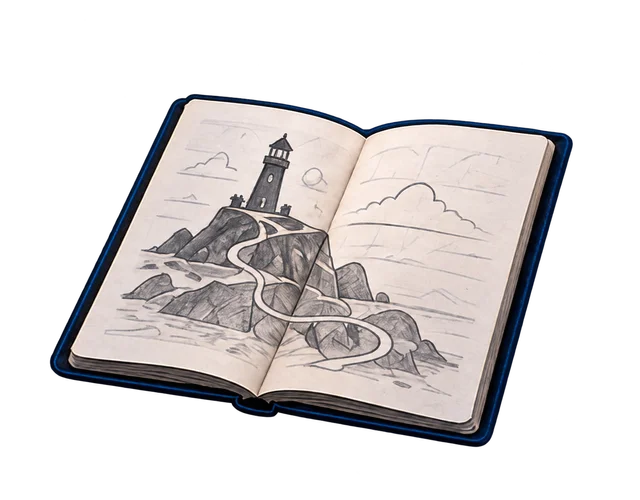 Iteración del ejemplo Última luz: lápiz azul ajustando el recorrido de la isla en el mismo cuaderno de diseño.