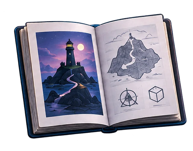 Diseño ilustrativo del prototipo Última luz: libro con la referencia del faro, un mapa de la isla y reglas visuales.